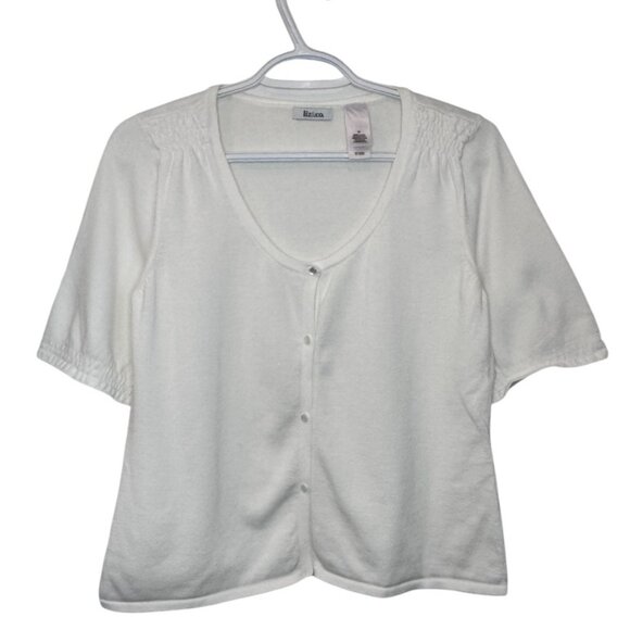 Liz & Co. white ruched shoulders short sleeves button front cardigan size M - Picture 1 of 6